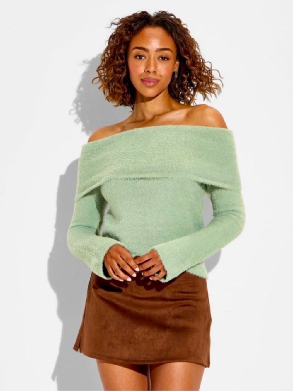 wild fable Off-the-Shoulder Fuzzy Sweater in Sage Green